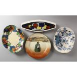 A STYLISH ITALIAN POTTERY DISH, a Doulton Series ware plate, a Doulton floral decorated dish and a