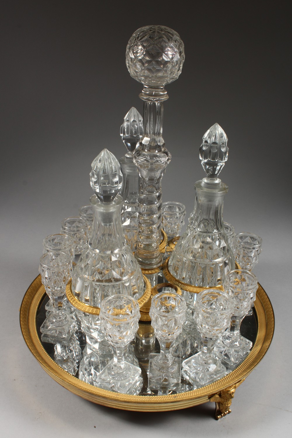 A SUPERB PIERRE-PHILIPPE THOMIRE MERCURY GILDED CIRCULAR DRINKS SET, complete with three decanters - Image 3 of 9