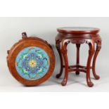 A PAIR OF CHINESE CARVED HARDWOOD AND CLOISONNE ENAMEL DECORATED CIRCULAR URN STANDS. 1ft 4ins