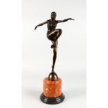 AFTER PHILIP AN ART DECO STYLE BRONZE FIGURE OF A DANCER, on a circular marble base. 22ins high.