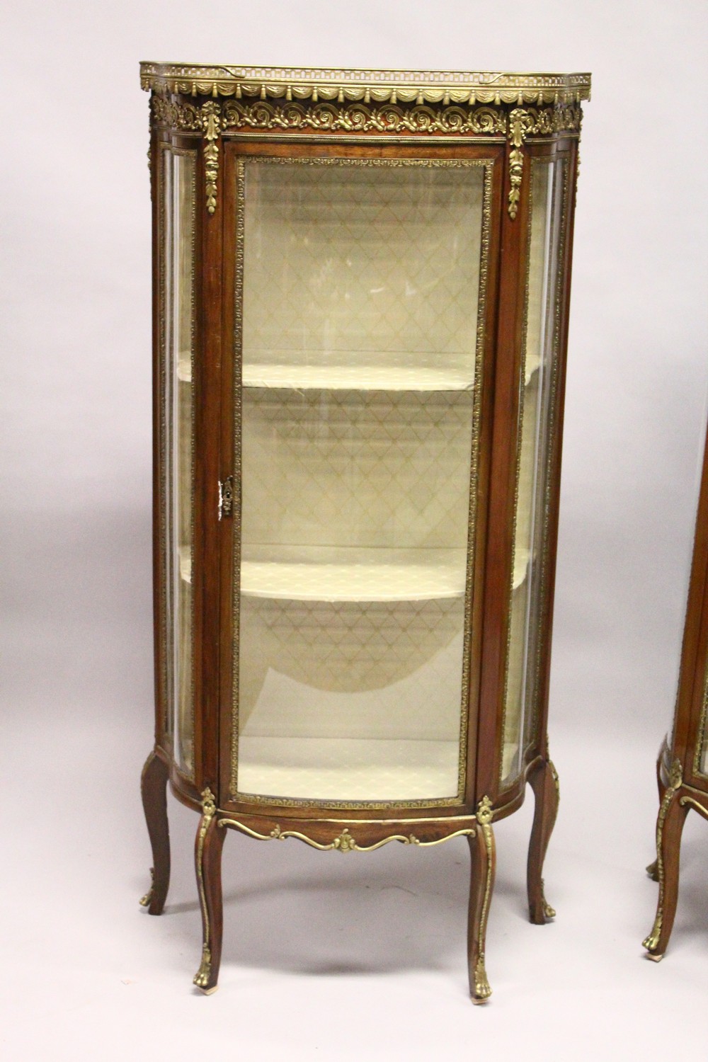 A PAIR OF FRENCH MAHOGANY, ORMOLU AND MARBLE BOWFRONT VITRINES, MID 20TH CENTURY, with galleried - Image 2 of 9