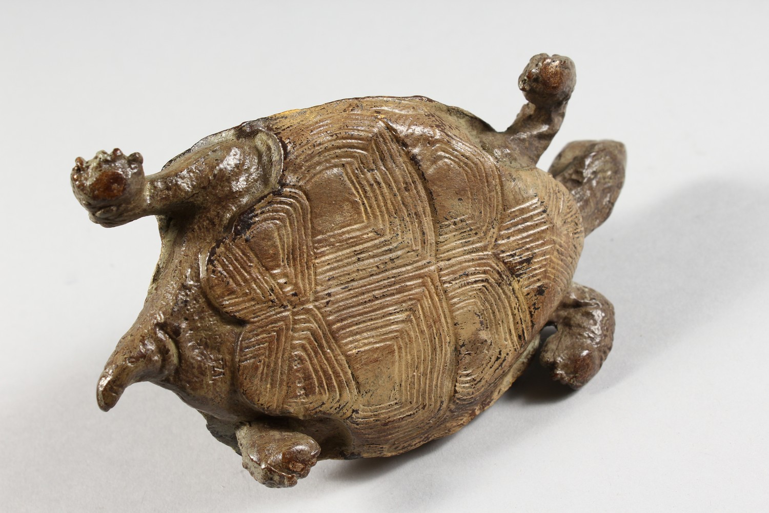 A COLD PAINTED BRONZE TORTOISE INKWELL, with a lift-up shell. 6ins long. - Image 6 of 6