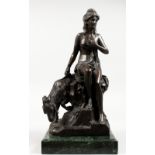 A BRONZE GROUP OF A CLASSICAL YOUNG LADY, sitting on a rock, a goat by her side. Signed, on a