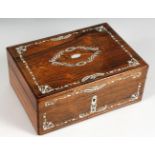 A VICTORIAN ROSEWOOD JEWELLERY BOX, with mother-of-pearl inlaid decoration. 11ins wide.