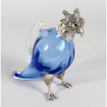 A MINIATURE COCKATOO CLARET JUG, with blue glass body, plated head with glass eyes and plated