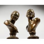 A SUPERB PAIR OF REGENCY BRONZE BUSTS OF MEN ON PEDESTAL BASES. 11ins high.