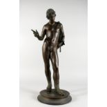 A GOOD LATE 19TH CENTURY BRONZE FIGURE OF A CLASSICAL MALE NUDE, a goatskin over his shoulder, his