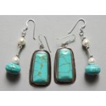 TWO PAIRS OF SILVER AND TURQUOISE EARRINGS.