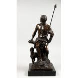 AFTER BONHEUR A LARGE BRONZE FIGURE OF A CLASSICAL MAN holding a spear, a dog by his side. Signed,