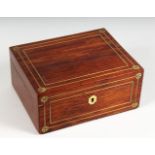 A VICTORIAN MAHOGANY BOX, with brass inlaid decoration. 9.75ins wide.