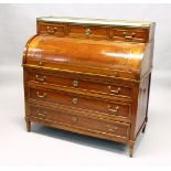 A 19TH CENTURY CONTINENTAL FRUITWOOD CYLINDER BUREAU, with brass galleried marble top, over three