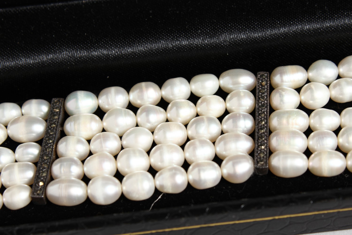 A SILVER, MARCASITE AND FIVE-ROW PEARL BRACELET. - Image 3 of 4