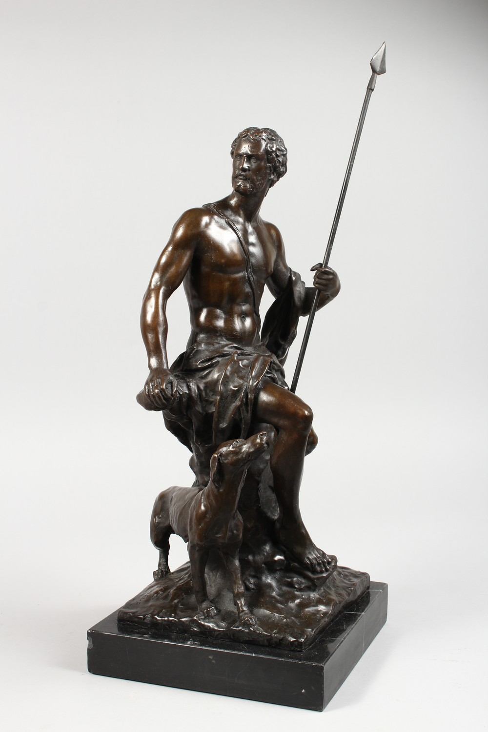 AFTER BONHEUR A LARGE BRONZE FIGURE OF A CLASSICAL MAN holding a spear, a dog by his side. Signed, - Image 4 of 9