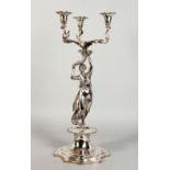 A GOOD VICTORIAN SILVER TABLE CENTRE CANDELABRA, with three scrolling branches emanating from a