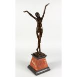 AFTER CHIPARUS AN ART DECO STYLE BRONZE FIGURE OF A DANCER, on a stepped marble base. 22ins high.