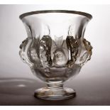 A LALIQUE CUT AND MOULDED GLASS URN SHAPED VASE, the sides with eight birds. Lalique, France. 5ins