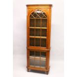 A GOOD 19TH CENTURY SHERATON REVIVAL STANDING SATINWOOD CABINET, with a moulded cornice, canted