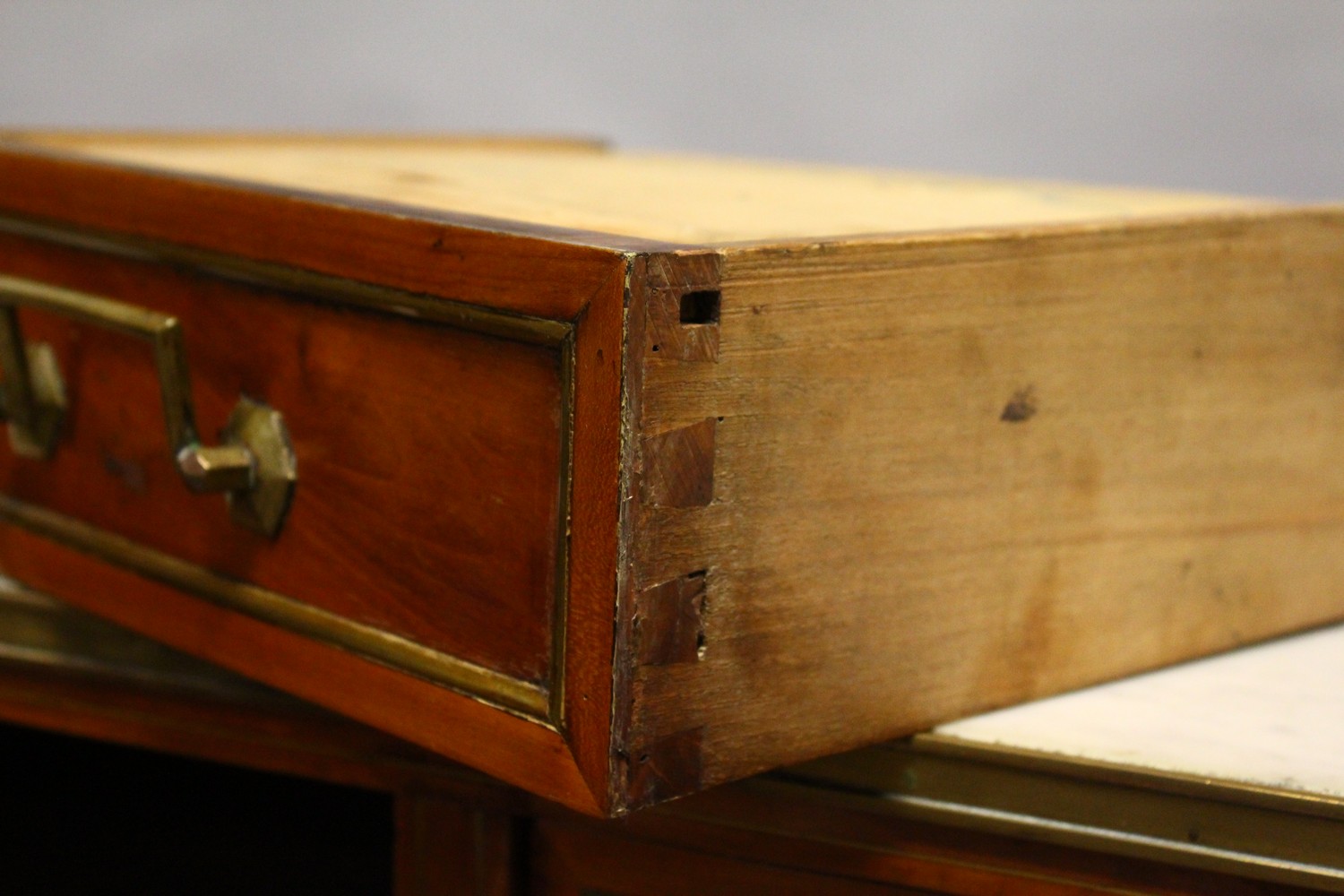 A 19TH CENTURY CONTINENTAL FRUITWOOD CYLINDER BUREAU, with brass galleried marble top, over three - Image 9 of 16