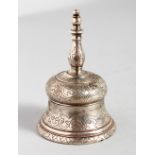 A SMALL ENGRAVED MALTESE SILVER BELL. 3.5ins high.