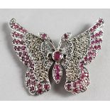 A SILVER PLIQUE RUBY SET BUTTERFLY BROOCH.