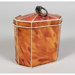 A GEORGE III DESIGN TOLEWARE TORTOISESHELL TEA CADDY. 3.5ins high.