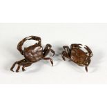 TWO JAPANESE MINIATURE BRONZE CRABS. 1.5ins and 2ins wide.