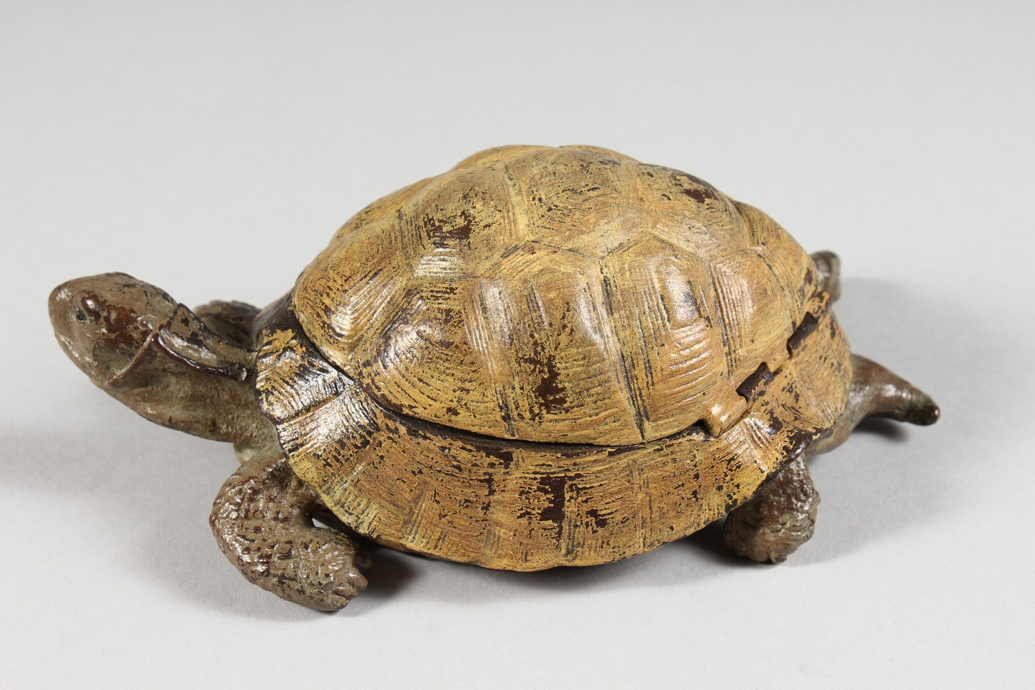 A COLD PAINTED BRONZE TORTOISE INKWELL, with a lift-up shell. 6ins long. - Image 3 of 6