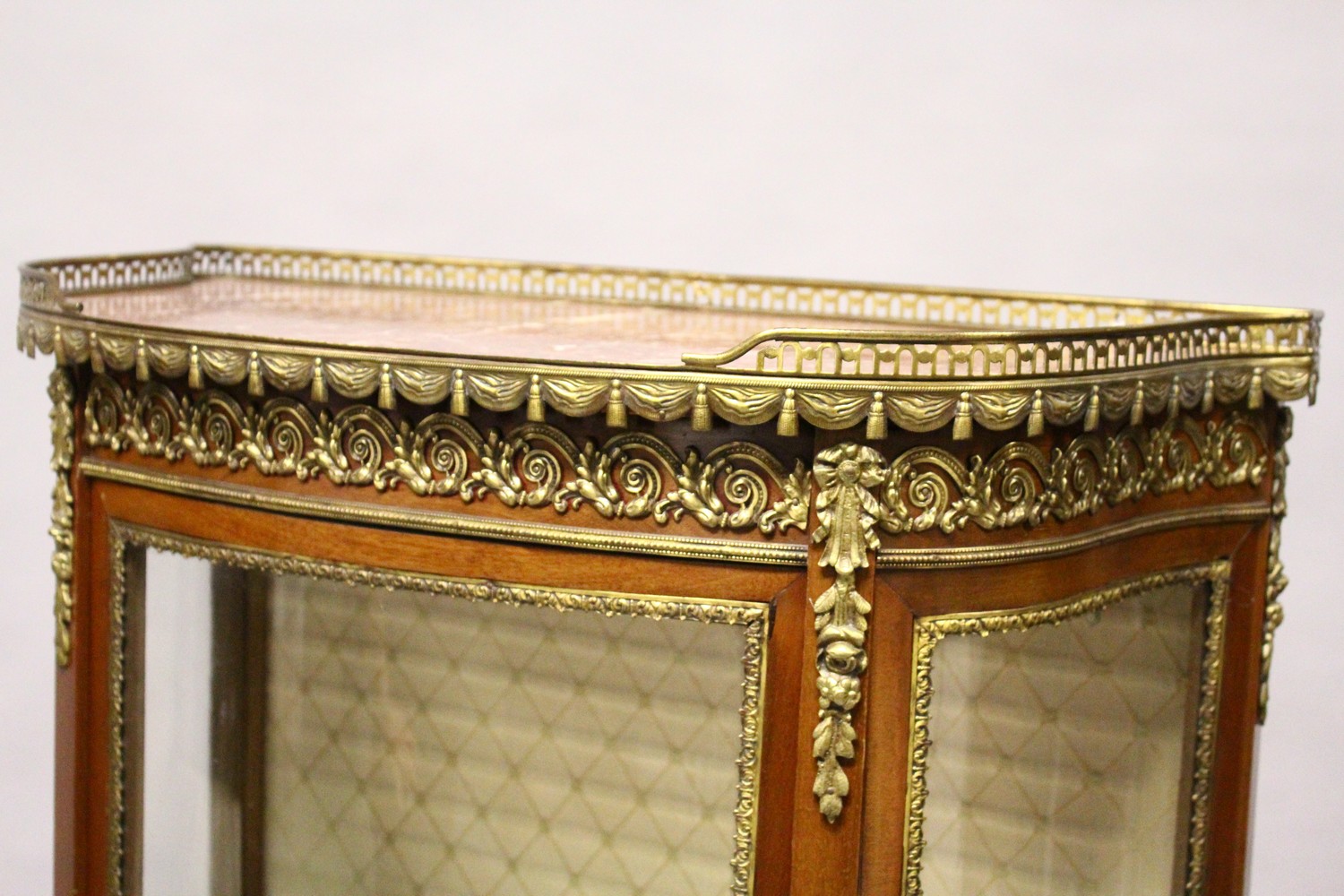 A PAIR OF FRENCH MAHOGANY, ORMOLU AND MARBLE BOWFRONT VITRINES, MID 20TH CENTURY, with galleried - Image 5 of 9