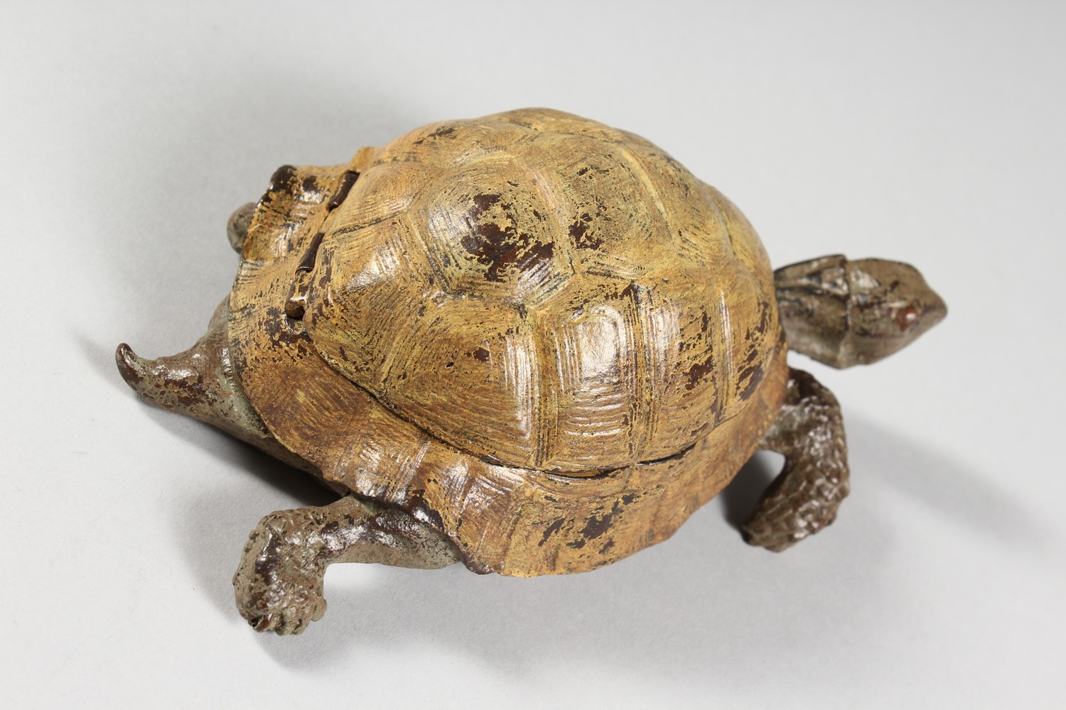 A COLD PAINTED BRONZE TORTOISE INKWELL, with a lift-up shell. 6ins long. - Image 2 of 6