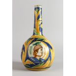 A 19TH CENTURY ITALIAN MAIOLICA POTTERY BOTTLE VASE, painted with a portrait bust, flowers and