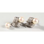 A PAIR OF WHITE GOLD, PEARL AND DIAMOND EARRINGS.