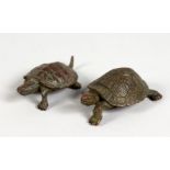 TWO JAPANESE MINIATURE BRONZE TURTLES. 2.25ins long.