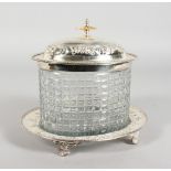 A CUT GLASS AND PLATE OVAL BISCUIT BOX ON STAND.