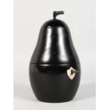 A GOOD EBONISED PEAR TEA CADDY. 3ins high.