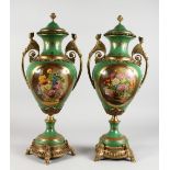 A PAIR OF ORMOLU MOUNTED CLASSICAL STYLE PORCELAIN TWIN-HANDLED VASES, decorated with flowers. 25ins