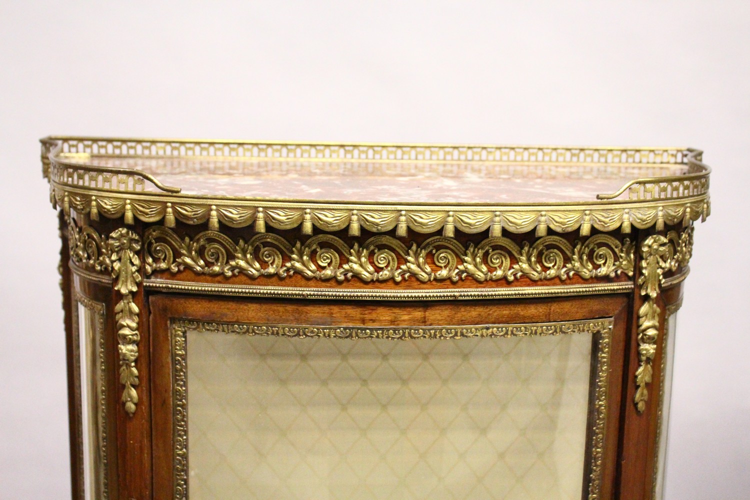 A PAIR OF FRENCH MAHOGANY, ORMOLU AND MARBLE BOWFRONT VITRINES, MID 20TH CENTURY, with galleried - Image 4 of 9