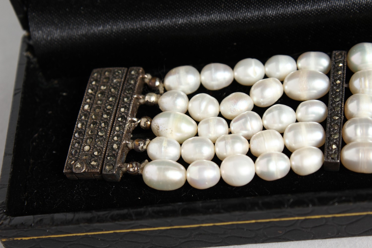 A SILVER, MARCASITE AND FIVE-ROW PEARL BRACELET. - Image 2 of 4