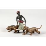 A VIENNA STYLE COLD PAINTED BRONZE OF AN ARAB AND TWO TIGERS. 5ins long.