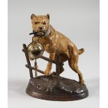 A GOOD COLD PAINTED BRONZE OF A DOG before a fence, a glass globe watch in it's mouth. 7ins high.