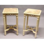 A PAIR OF FRENCH STYLE CREAM PAINTED, MARBLE TOP SQUARE LAMP TABLES. 2ft 4ins high x 1ft 4ins wide.