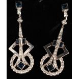 A PAIR OF 9CT GOLD AND SILVER ART DECO DESIGN DROP EARRINGS.