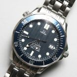 A VERY GOOD OMEGA SEAMASTER WRISTWATCH, with blue face, with papers, in original box.