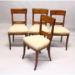 A SET OF FOUR DUTCH MAHOGANY AND MARQUETRY DINING CHAIRS, broad cresting rail, overstuffed seats