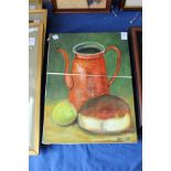 A jug and fruit oil on canvas unframed and two similar
