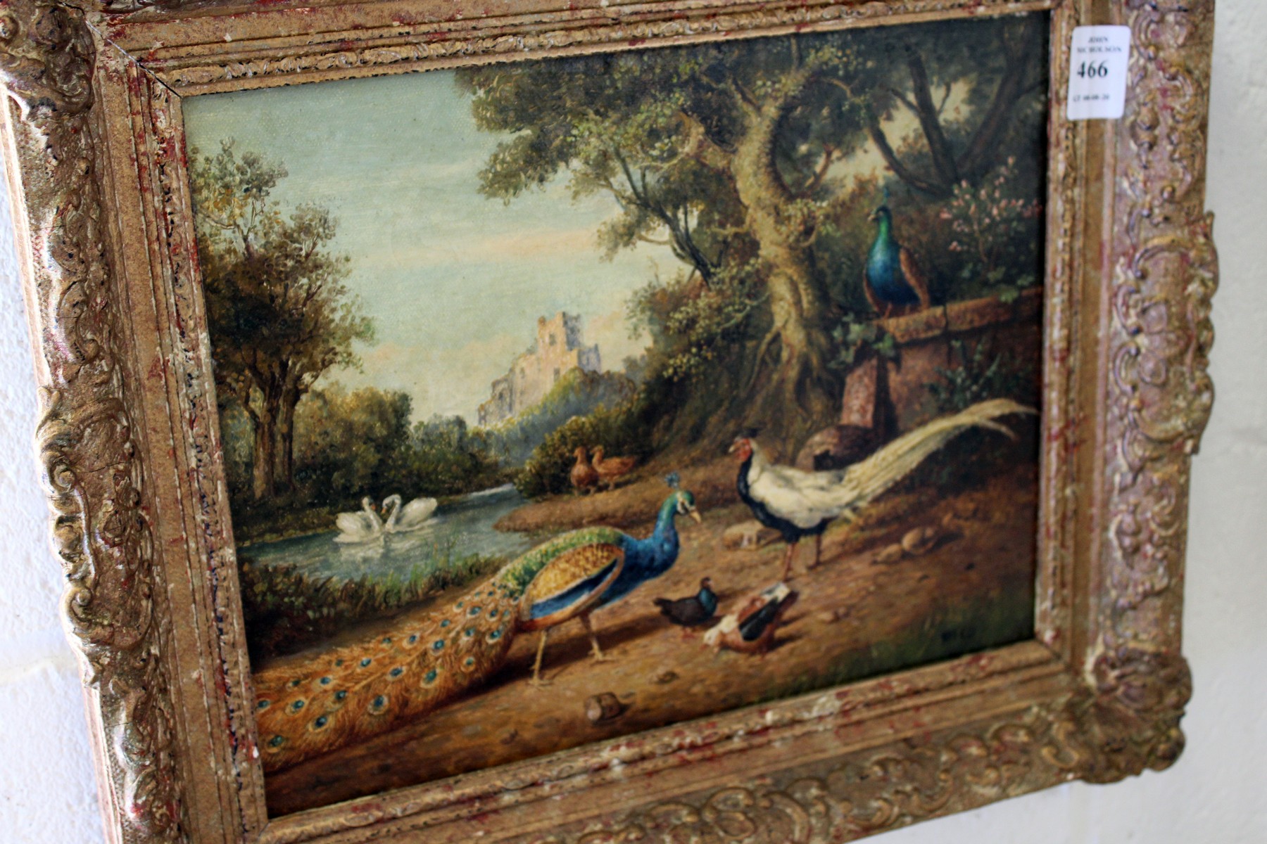 A study of a peacock and other birds in a parkland scene oil on canvas