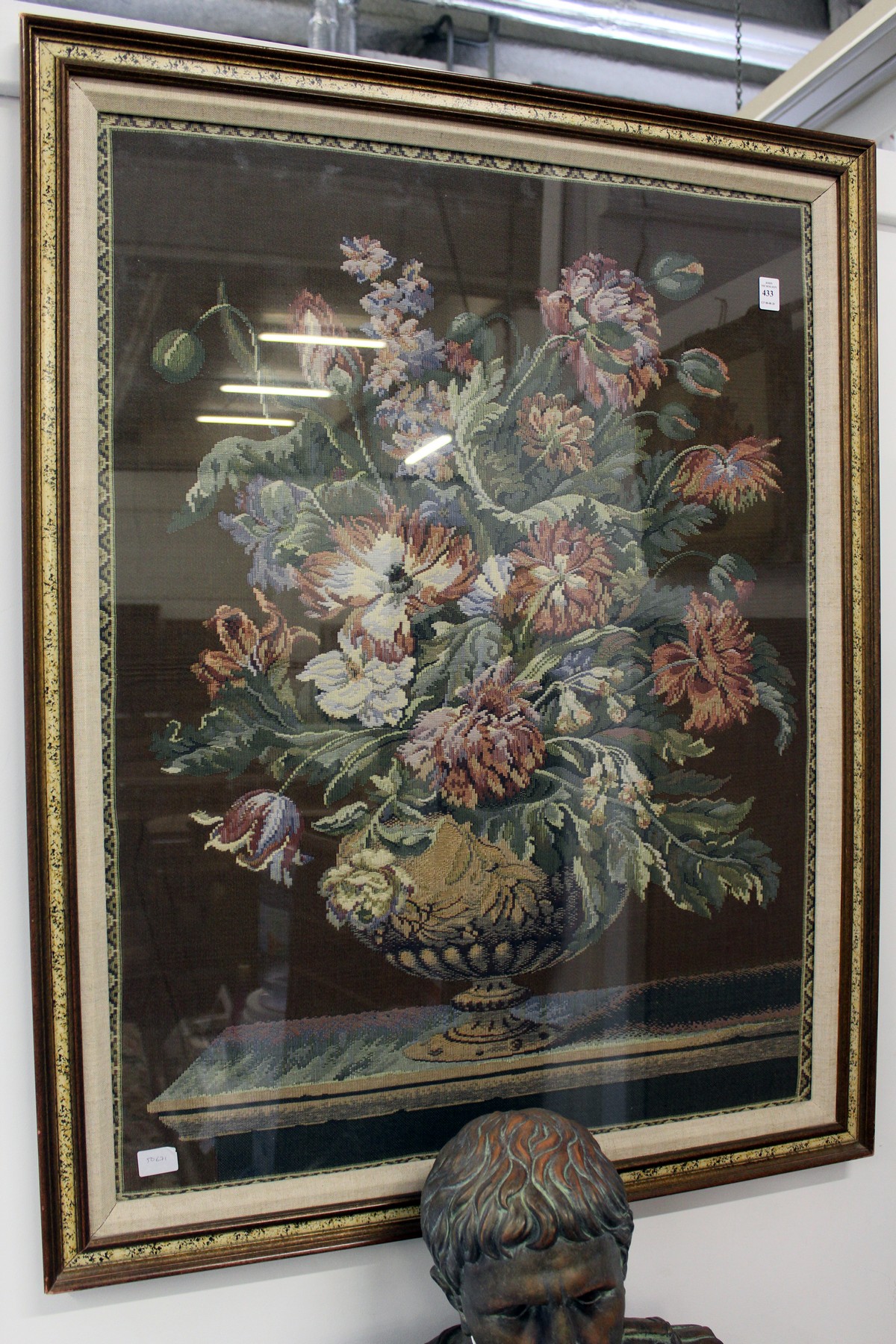 Machine tapestry picture of flowers in a vase framed and glazed