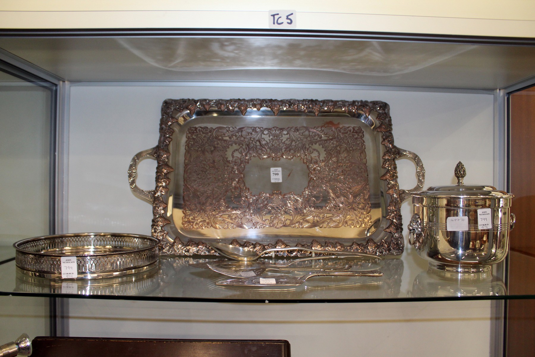 A plated twin handled tray and other items