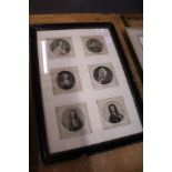 Six small portrait bust engravings framed as one