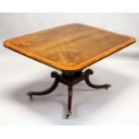 A Regency rosewood and satinwood banded tilt-top breakfast table of rounded rectangular form