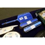 Silver and enamel back three piece dressing table set (faults)